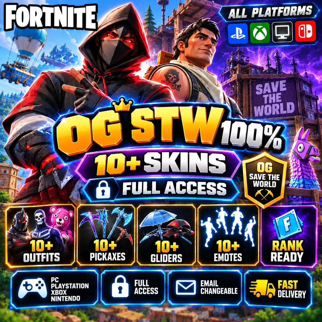 🔥 OG STW 100% GUARANTEED | 10+ Skins | Fortnite Account | FA | ALL PLATFORMS | Fast Delivery