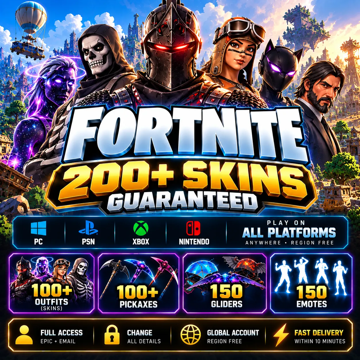 🔥 200+ SKINS GUARANTEED | Fortnite Account | 100+ Pickaxes | FA | ALL PLATFORMS | Fast Delivery