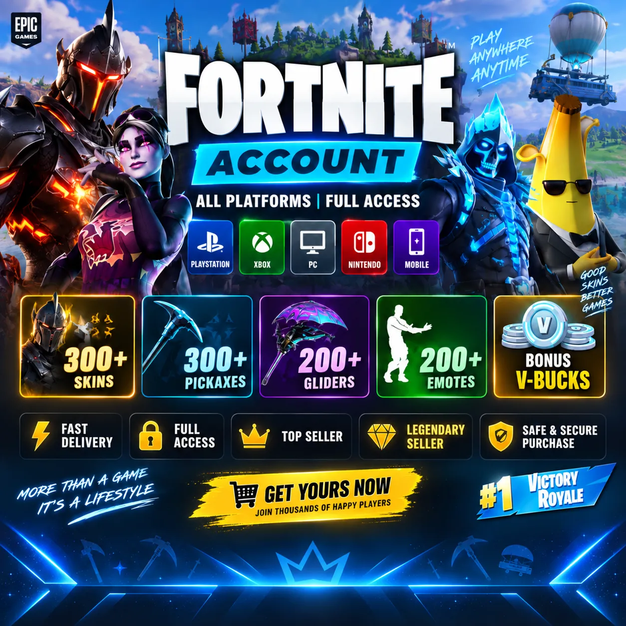 🔥 300+ SKINS | 300+ PICKAXES | Bonus V-Bucks | Fortnite Account | Full Access | ALL PLATFORMS