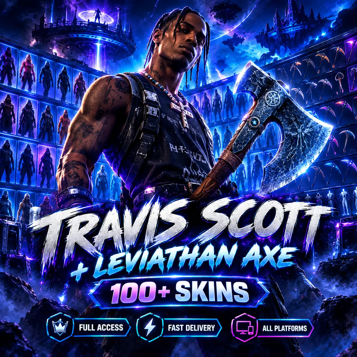 ⚡ TRAVIS SCOTT + LEVIATHAN AXE 100% GUARANTEED | 100+ Skins | Fortnite Account | FA | ALL PLATFORMS